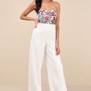 Lulus Remarkable Energy White Floral Embroidered Strapless Jumpsuit - Size M